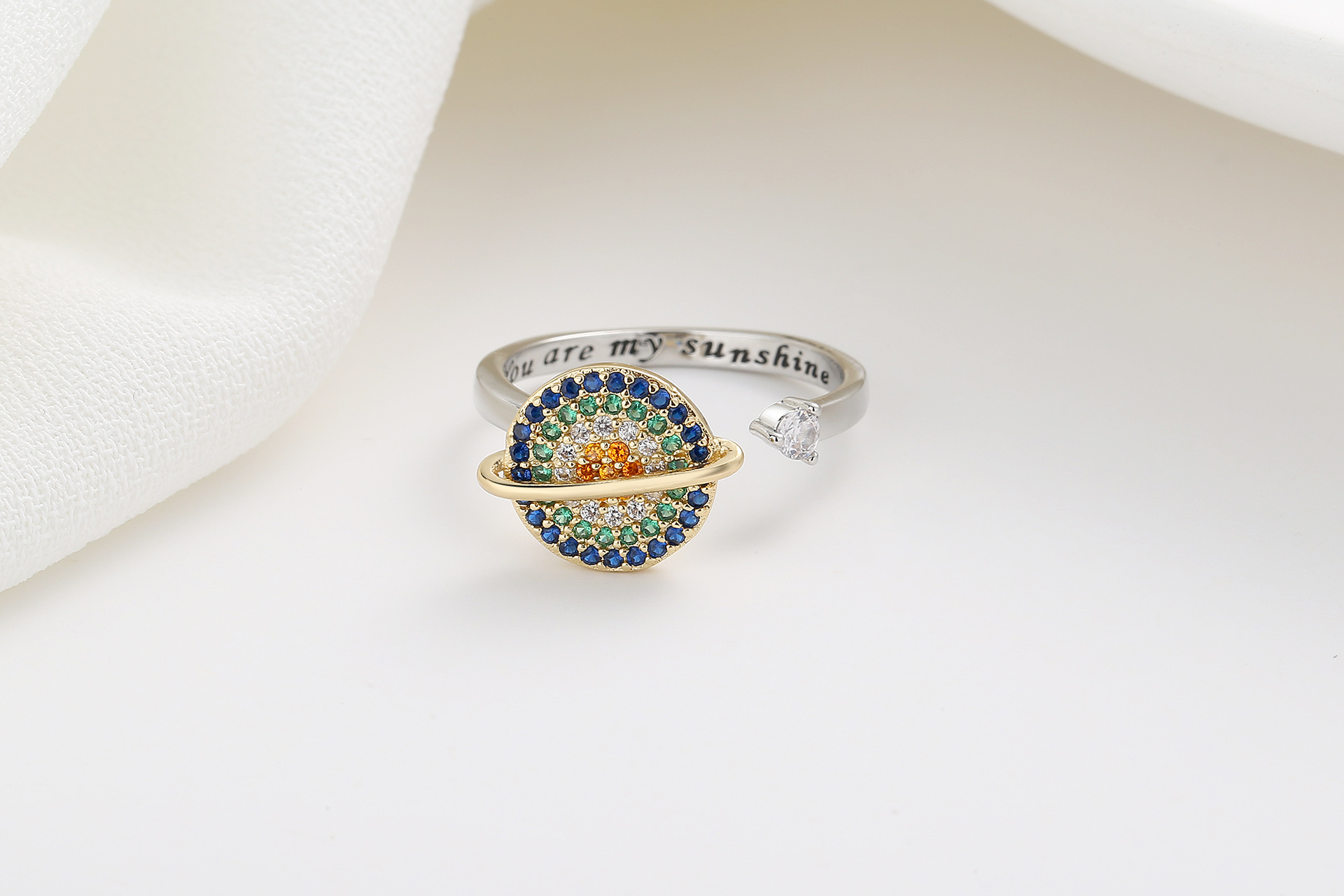 Rotating Muticolor Zircon Planet Ring Adjustable Anti-Stress Open Finger Rings